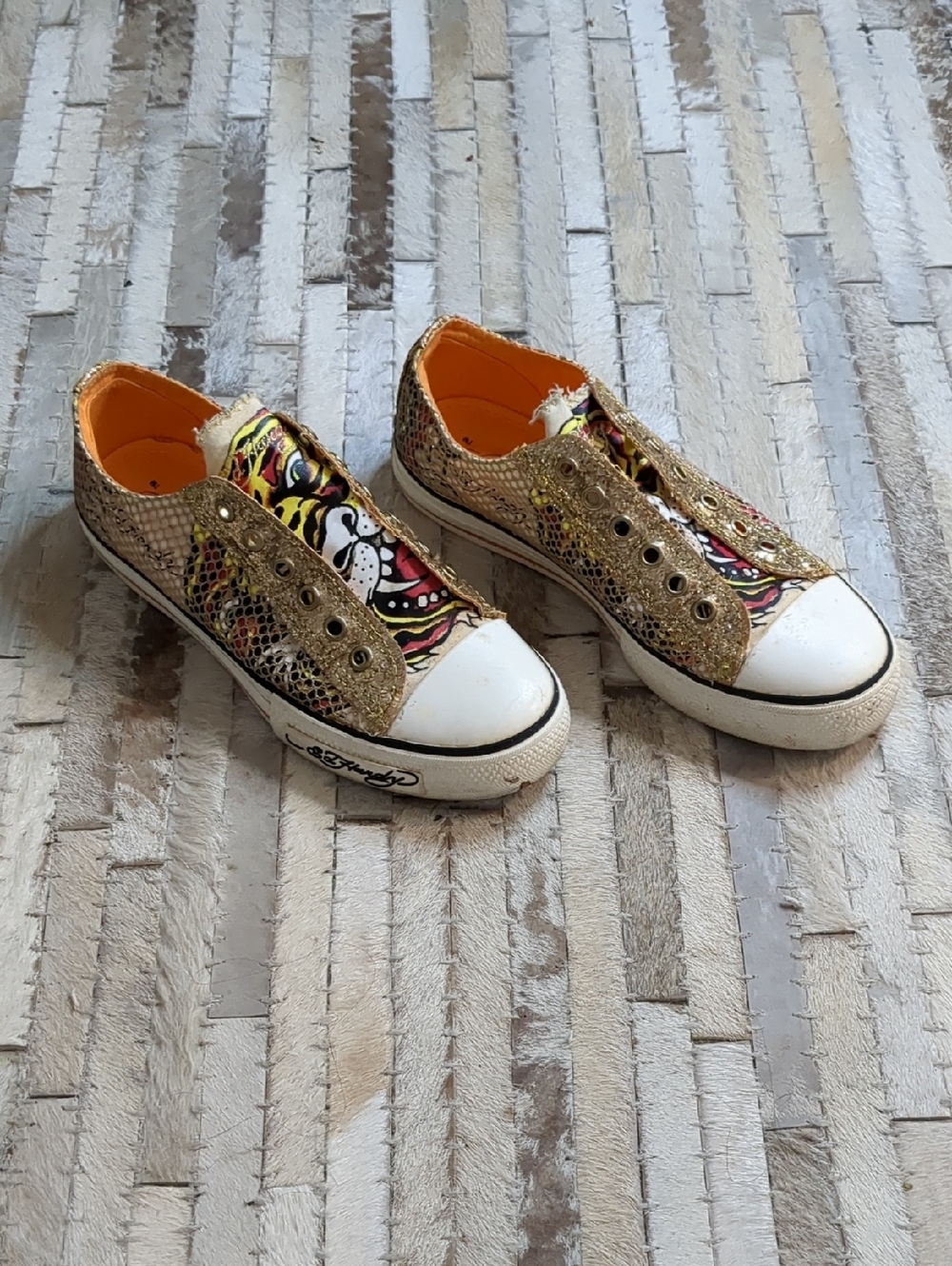 Ed Hardy Women's 6 Rare Vintage Y2K Gold Tiger Slip On Sneakers